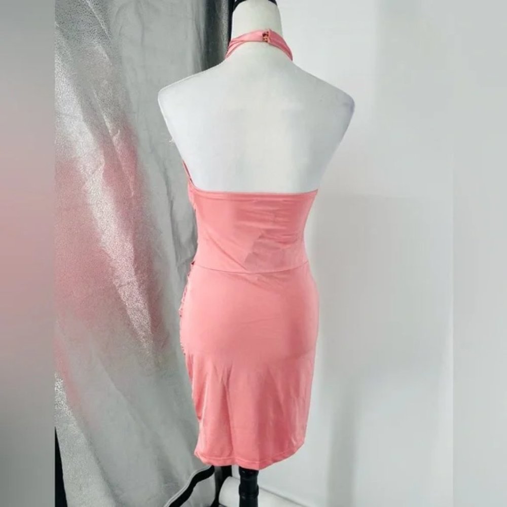Pink Sleeveless Halter Neck Backless Cutout Wrap Bodycon Mini Dress - Picture 14 of 17